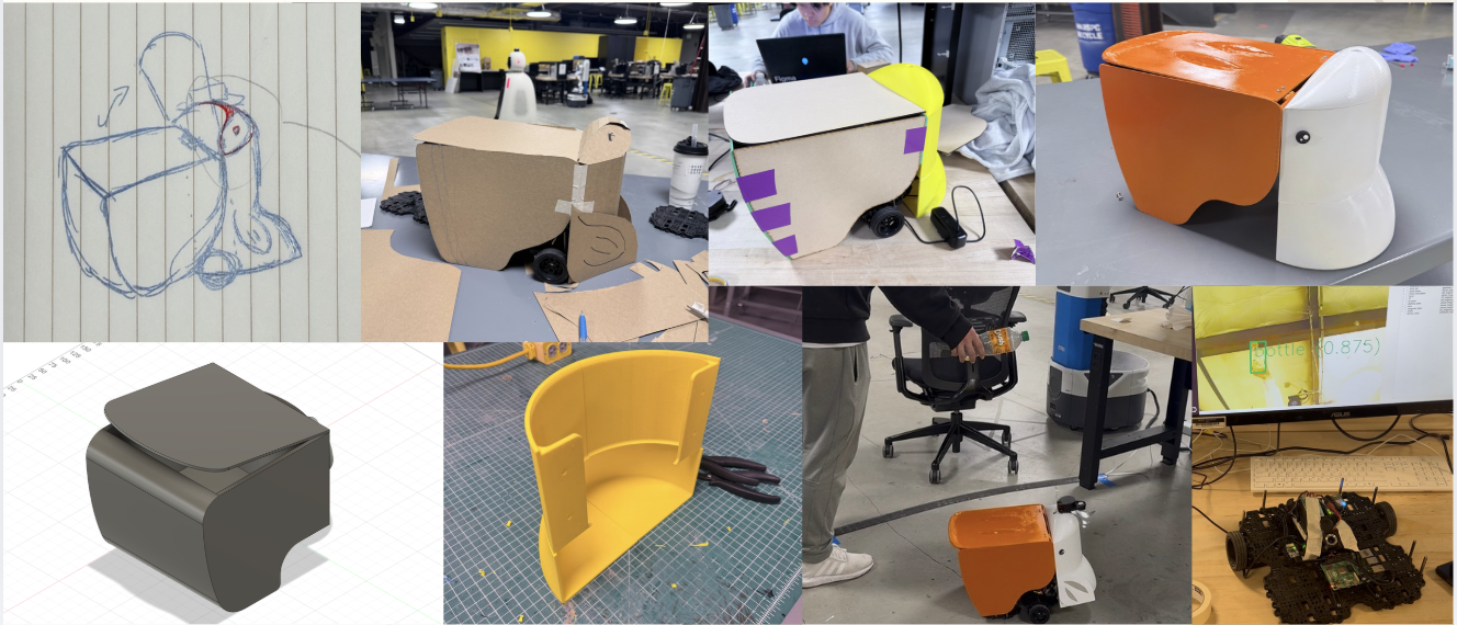 PELICAN design process — sketch, CAD model, cardboard mockup, 3D-printed shell, final assembly, and live testing